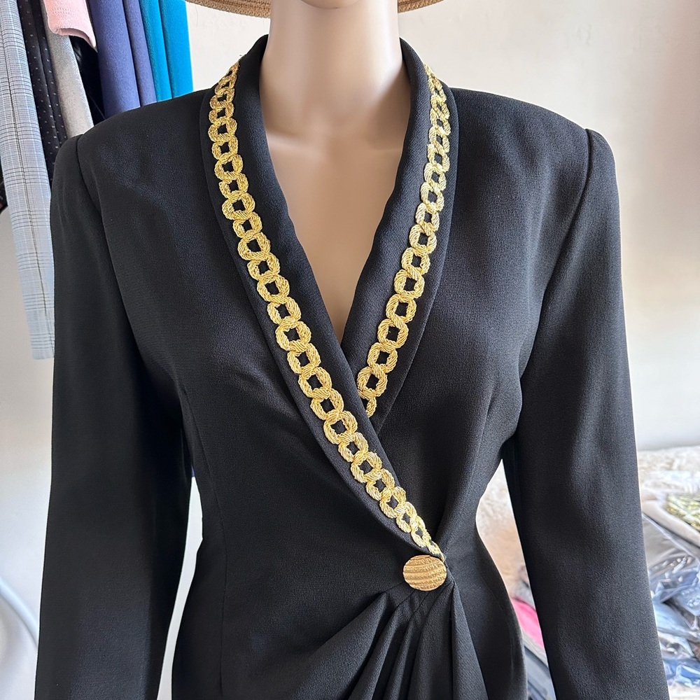 Vintage BICCI BY FLORINE WACHTER Black Gold Chain Trim Wrap Midi Dress Size 8